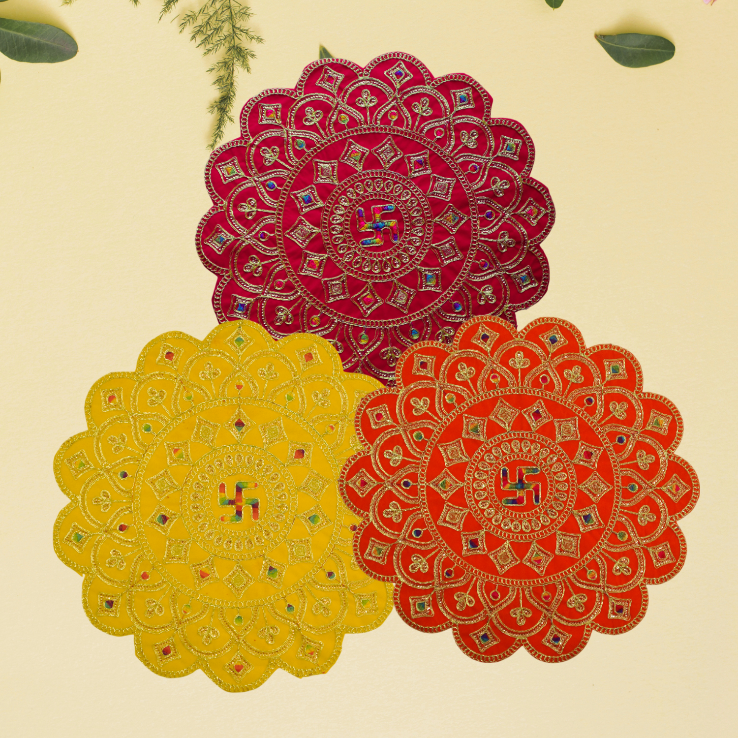 Swastik Designer Round Pooja Aasan Velvet Mat for Mandir, Idol Placement, Home Temple Pack of 3